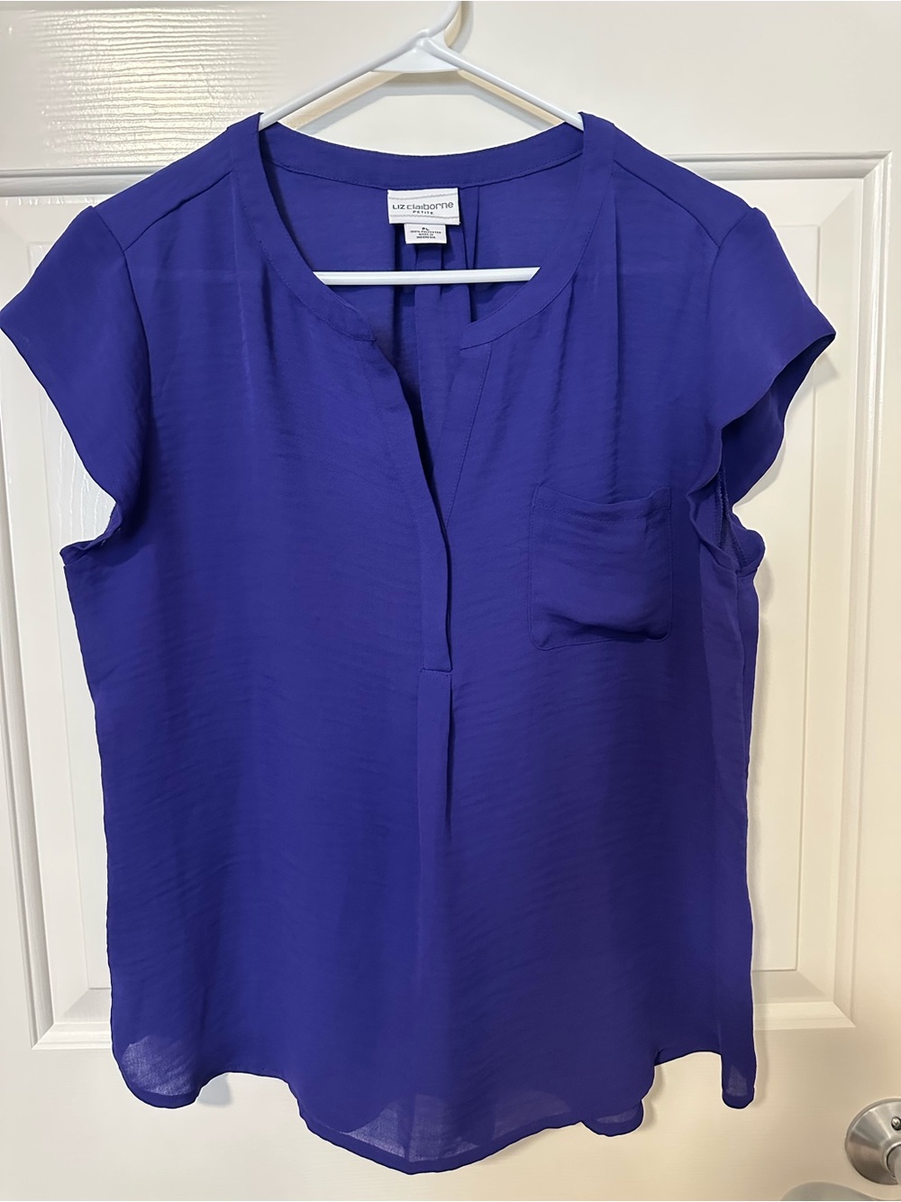 Liz Claiborne Short Sleeve Sheer Shirt Women's PL Petite Large Purple Cap